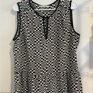 Trina Turk Monochrome Geometric  Checkered Peplum 100% Silk Top Size XL